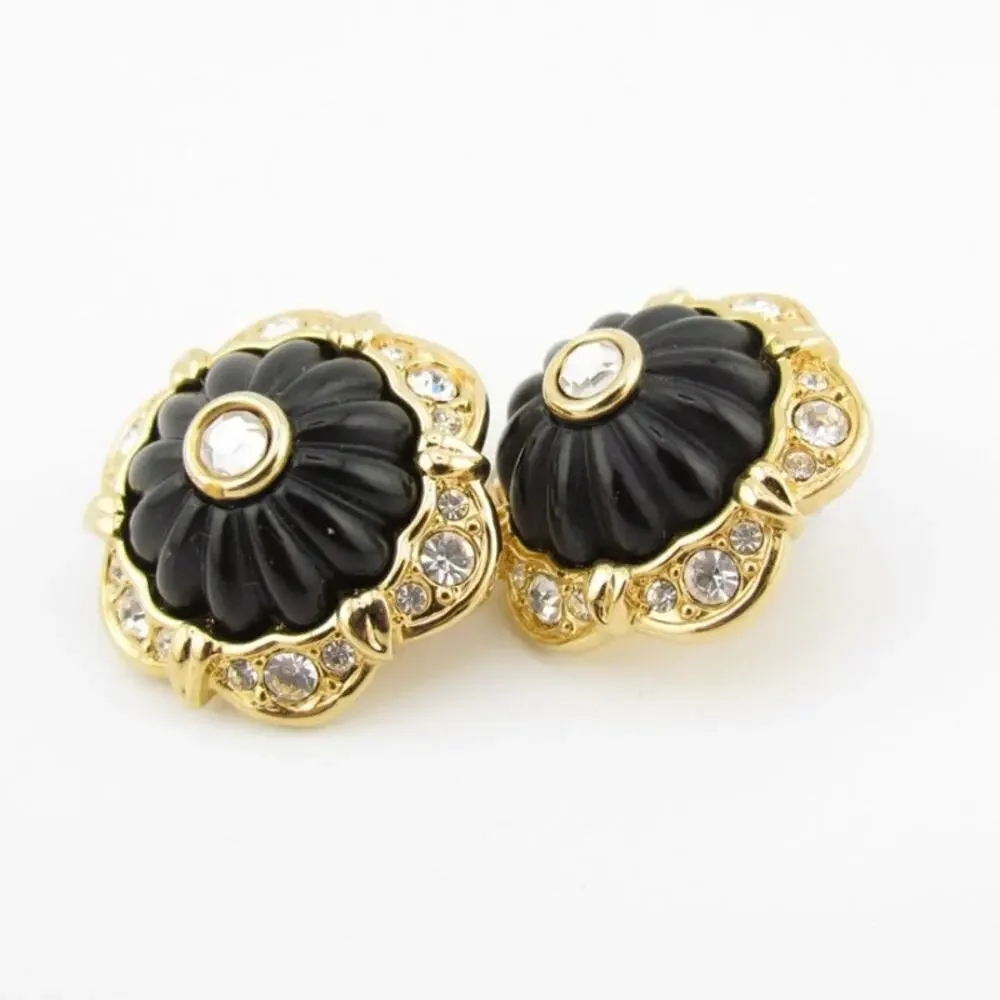 Vintage Joan Rivers Floral Earrings Gold Tone Black Enamel - Picture 3 of 8